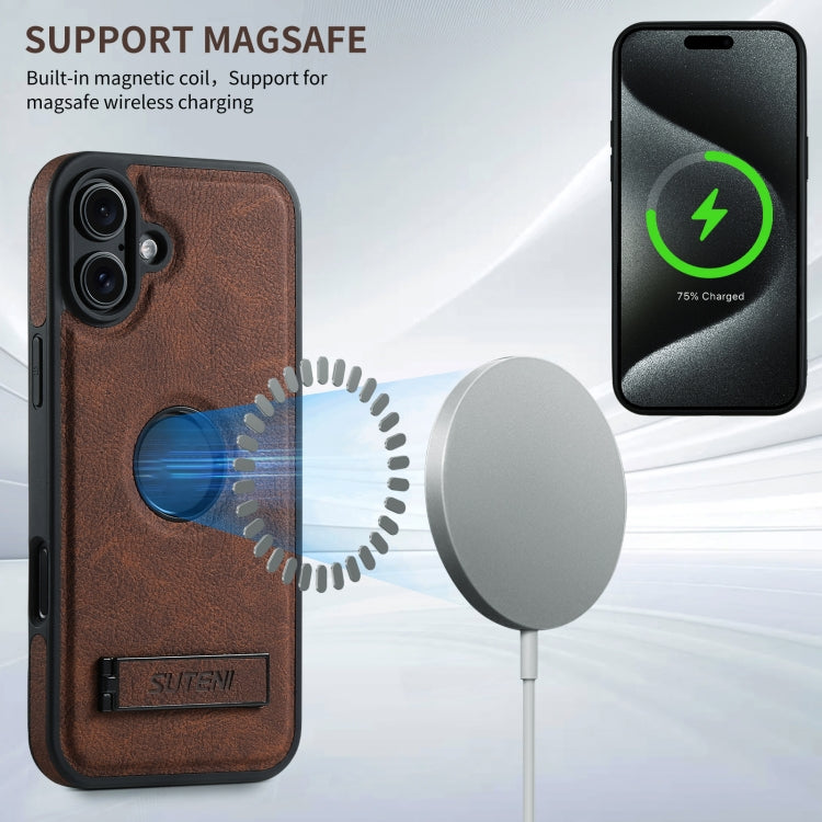For iPhone 16 Suteni G2 Magsafe Litchi Texture Leather Back Phone Case with Holder(Brown)
