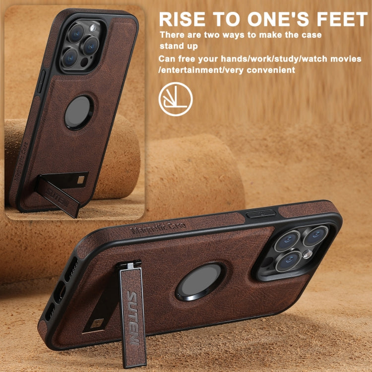 For iPhone 16 Suteni G2 Magsafe Litchi Texture Leather Back Phone Case with Holder(Brown)