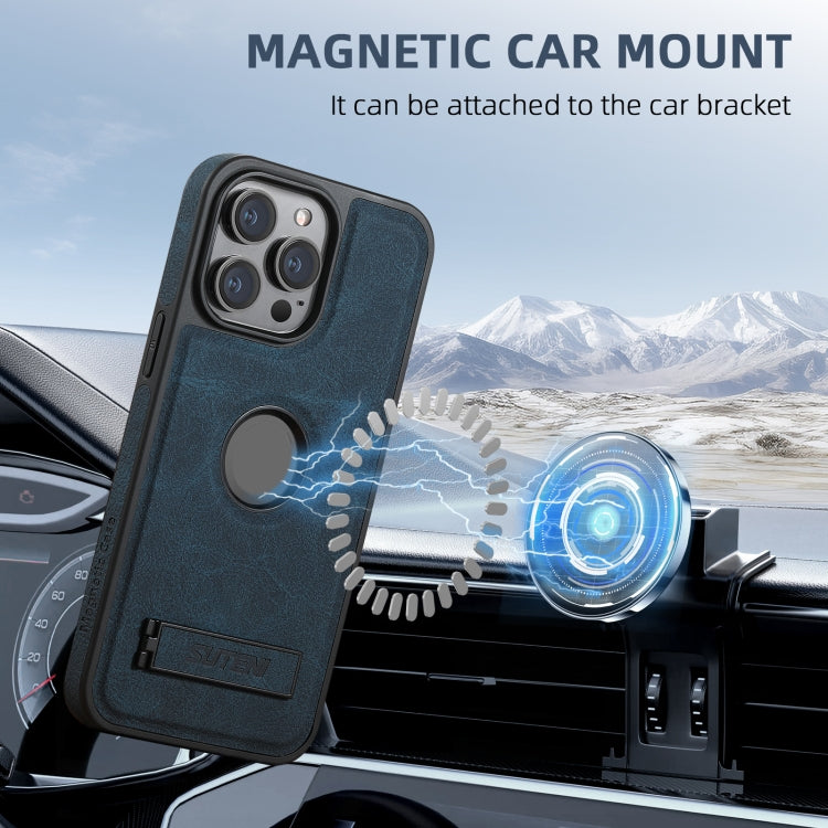 For iPhone 16 Pro Suteni G2 Magsafe Litchi Texture Leather Back Phone Case with Holder(Black)