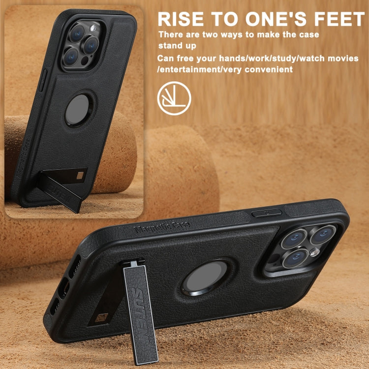 For iPhone 16 Pro Suteni G2 Magsafe Litchi Texture Leather Back Phone Case with Holder(Black)