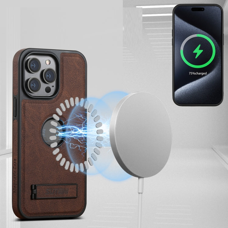 For iPhone 16 Pro Suteni G2 Magsafe Litchi Texture Leather Back Phone Case with Holder(Brown)