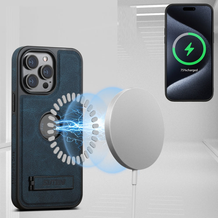For iPhone 16 Pro Suteni G2 Magsafe Litchi Texture Leather Back Phone Case with Holder(Blue)