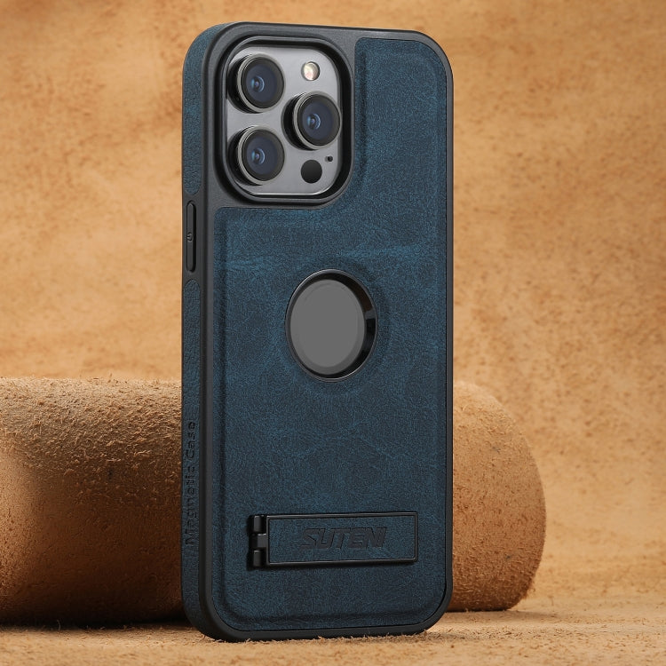 For iPhone 16 Pro Max Suteni G2 Magsafe Litchi Texture Leather Back Phone Case with Holder(Blue)