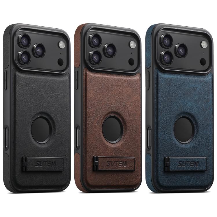 For iPhone 12 Suteni G2 Magsafe Litchi Texture Leather Back Phone Case with Holder(Black)