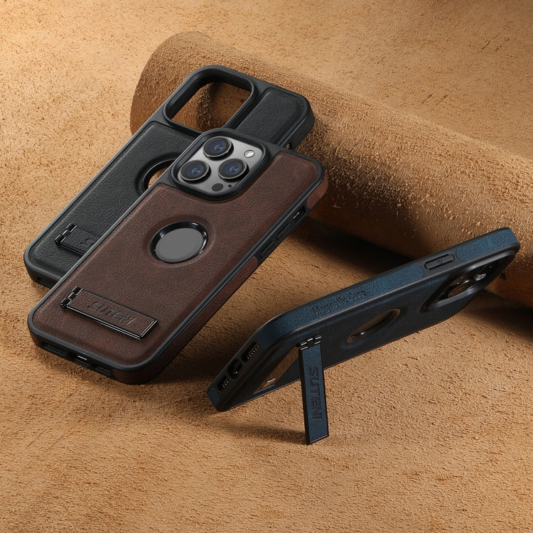 For iPhone 14 Pro Max Suteni G2 Magsafe Litchi Texture Leather Back Phone Case with Holder(Brown)