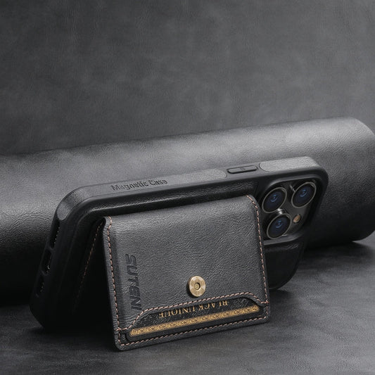 For iPhone 15 Pro Max Suteni M1 Oil Wax MagSafe Detachable Horizontal Card Bag Phone Case(Black)