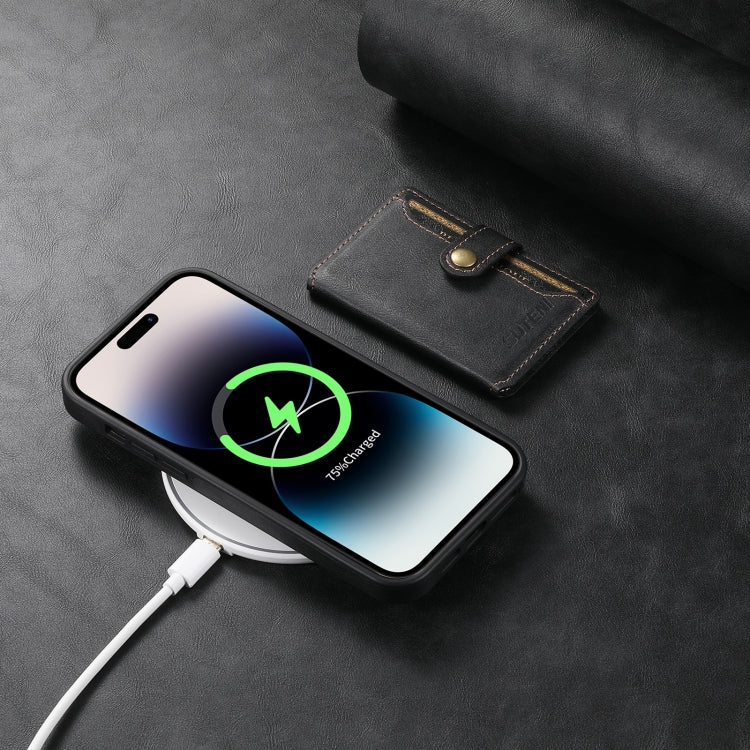 For iPhone 14 Suteni M1 Oil Wax MagSafe Detachable Horizontal Card Bag Phone Case(Black)