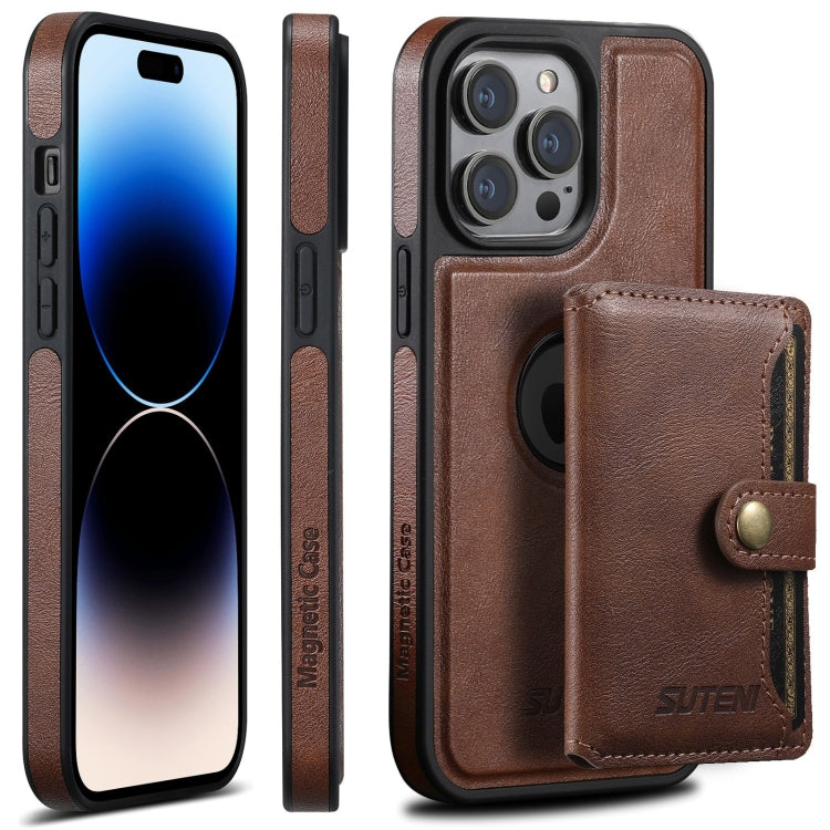 For iPhone 14 Pro Max Suteni M1 Oil Wax MagSafe Detachable Horizontal Card Bag Phone Case(Brown)