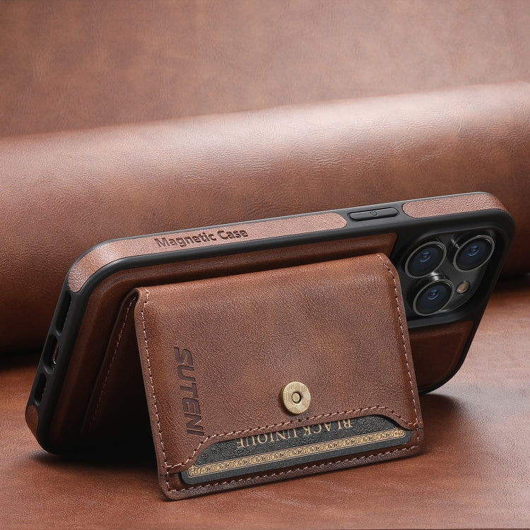 For iPhone 13 Suteni M1 Oil Wax MagSafe Detachable Horizontal Card Bag Phone Case(Brown)