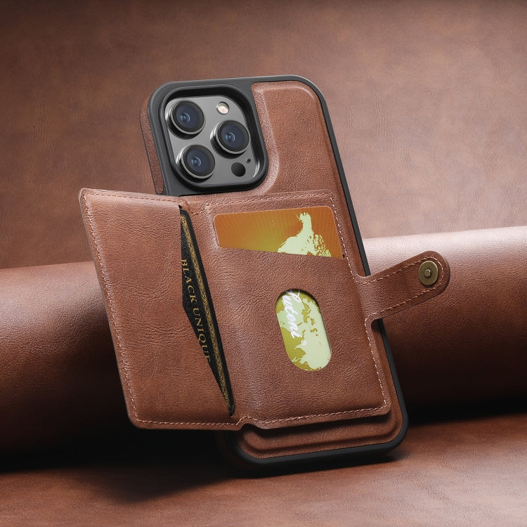 For iPhone 13 Suteni M1 Oil Wax MagSafe Detachable Horizontal Card Bag Phone Case(Brown)