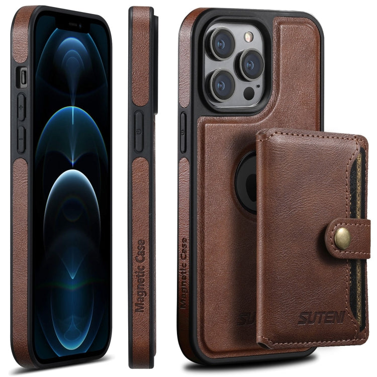 For iPhone 12 Pro Max Suteni M1 Oil Wax MagSafe Detachable Horizontal Card Bag Phone Case(Brown)