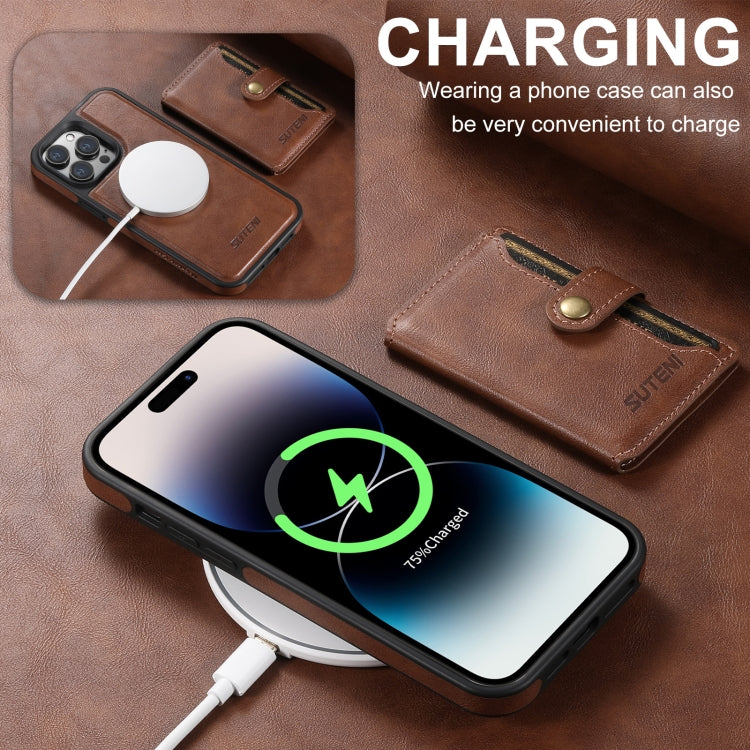 For iPhone 16 Suteni M1 Oil Wax MagSafe Detachable Horizontal Card Bag Phone Case(Brown)