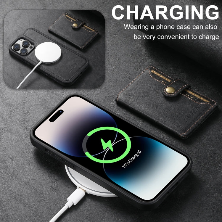 For iPhone 16 Plus Suteni M1 Oil Wax MagSafe Detachable Horizontal Card Bag Phone Case(Black)