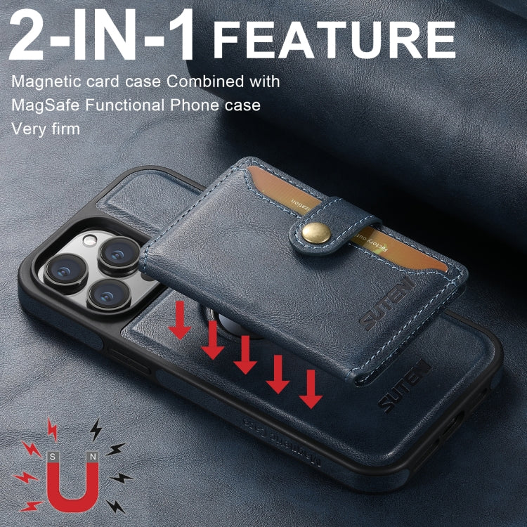 For iPhone 16 Plus Suteni M1 Oil Wax MagSafe Detachable Horizontal Card Bag Phone Case(Blue)