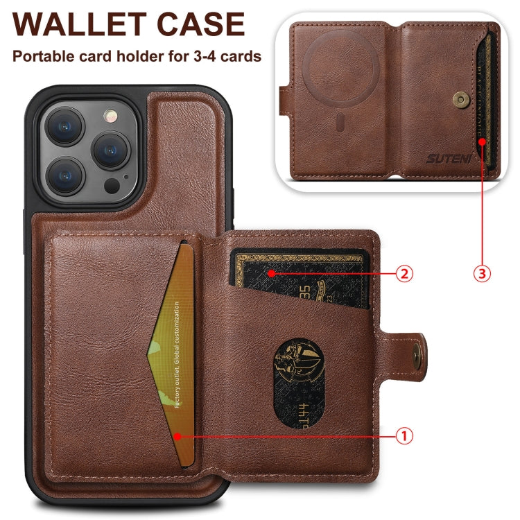 For iPhone 16 Suteni M1 Oil Wax MagSafe Detachable Horizontal Card Bag Phone Case(Blue)