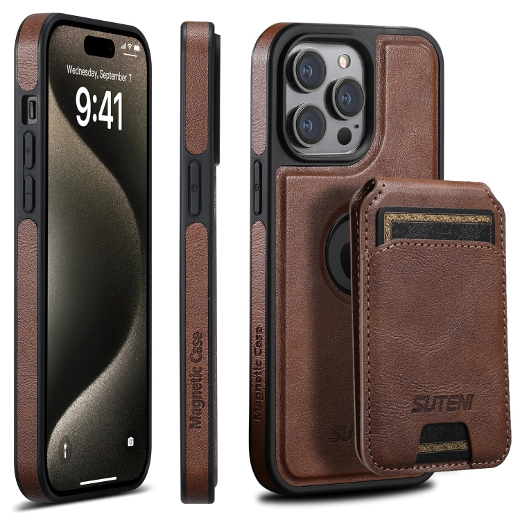 For iPhone 15 Pro Max Suteni M2 Oil Wax MagSafe Horizontal Card Bag Phone Case(Brown)