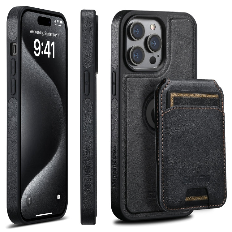 For iPhone 15 Pro Suteni M2 Oil Wax MagSafe Horizontal Card Bag Phone Case(Black)
