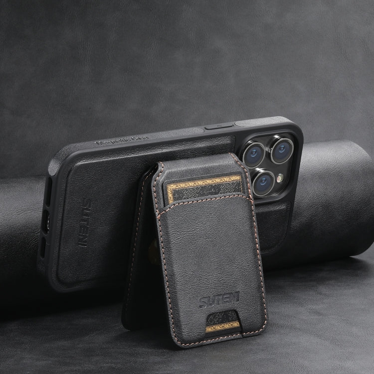 For iPhone 15 Plus Suteni M2 Oil Wax MagSafe Horizontal Card Bag Phone Case(Black)