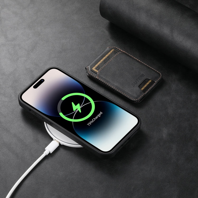 For iPhone 15 Suteni M2 Oil Wax MagSafe Horizontal Card Bag Phone Case(Black)
