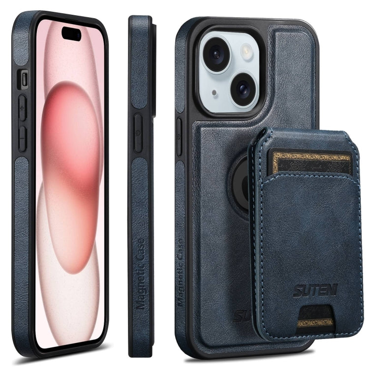 For iPhone 15 Suteni M2 Oil Wax MagSafe Horizontal Card Bag Phone Case(Blue)