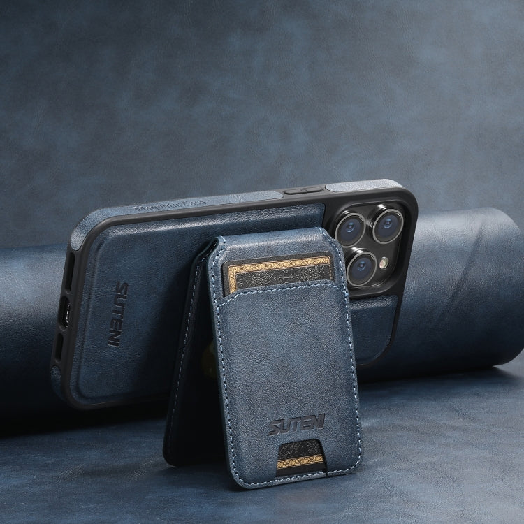 For iPhone 13 Pro Max Suteni M2 Oil Wax MagSafe Horizontal Card Bag Phone Case(Blue)
