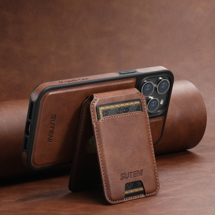 For iPhone 13 Suteni M2 Oil Wax MagSafe Horizontal Card Bag Phone Case(Brown)