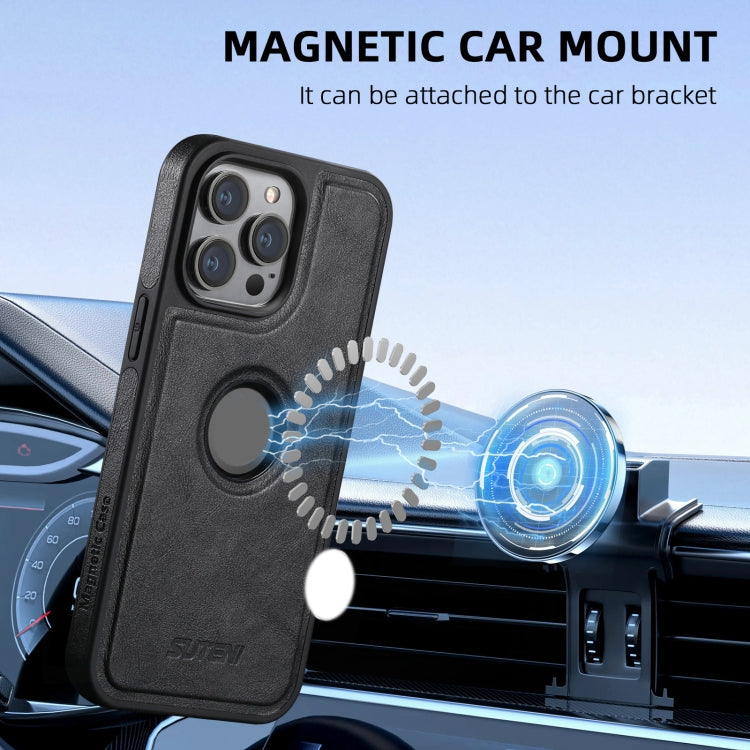 For iPhone 16 Suteni M2 Oil Wax MagSafe Horizontal Card Bag Phone Case(Black)