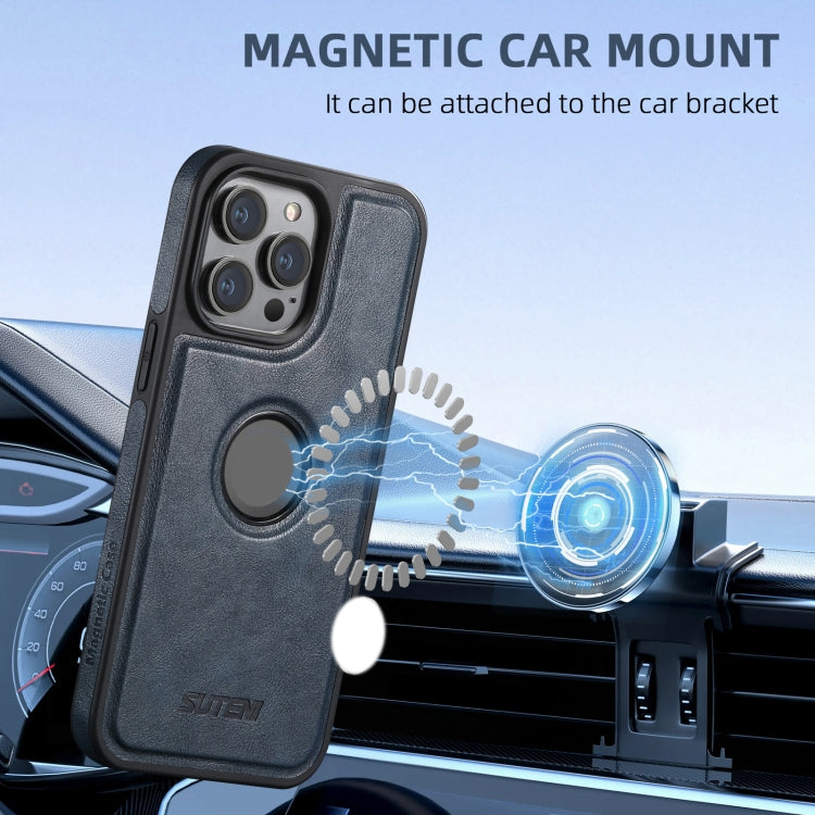 For iPhone 16 Suteni M2 Oil Wax MagSafe Horizontal Card Bag Phone Case(Blue)