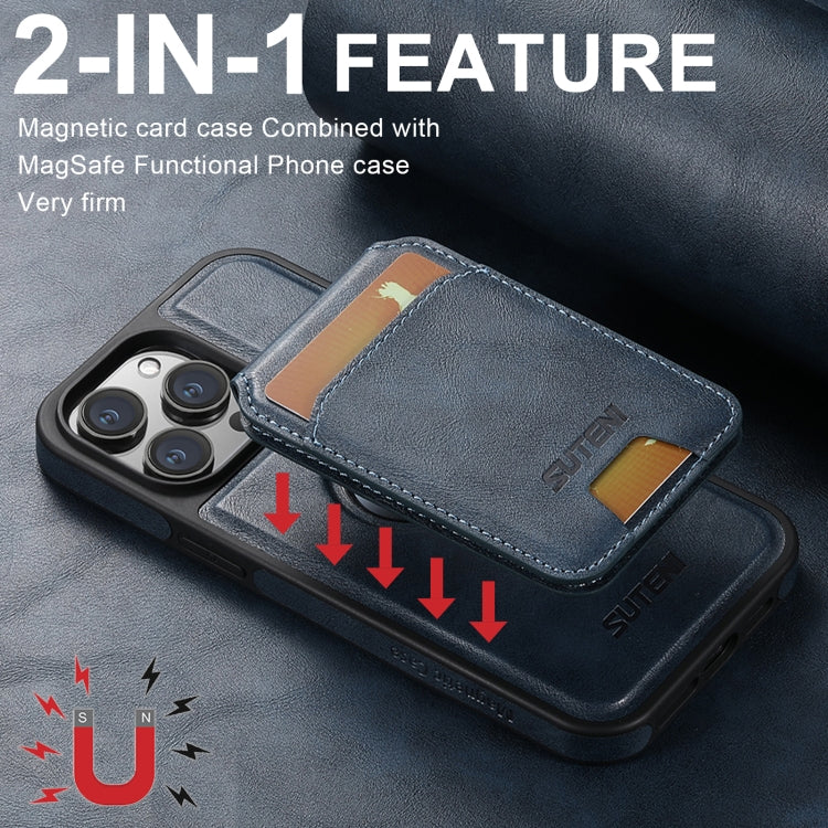 For iPhone 16 Suteni M2 Oil Wax MagSafe Horizontal Card Bag Phone Case(Blue)
