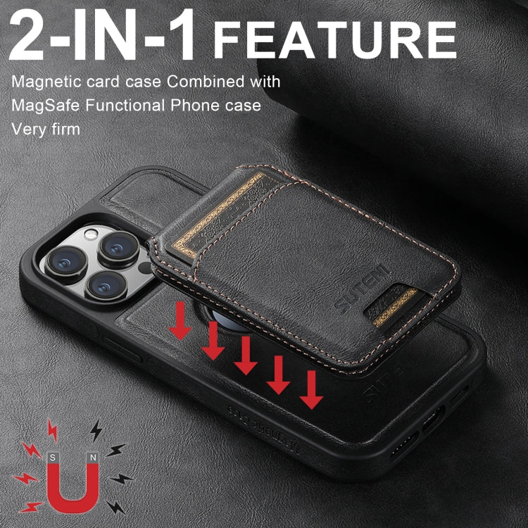 For iPhone 16 Pro Suteni M2 Oil Wax MagSafe Horizontal Card Bag Phone Case(Black)