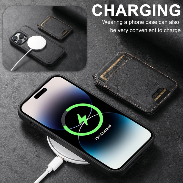 For iPhone 16 Pro Suteni M2 Oil Wax MagSafe Horizontal Card Bag Phone Case(Black)