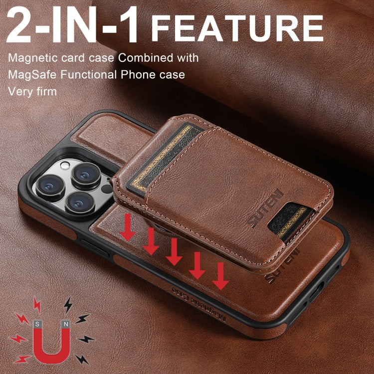 For iPhone 16 Pro Suteni M2 Oil Wax MagSafe Horizontal Card Bag Phone Case(Brown)
