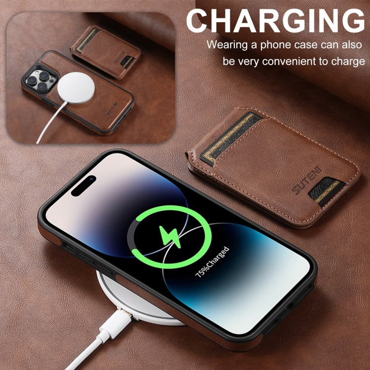 For iPhone 16 Pro Suteni M2 Oil Wax MagSafe Horizontal Card Bag Phone Case(Brown)