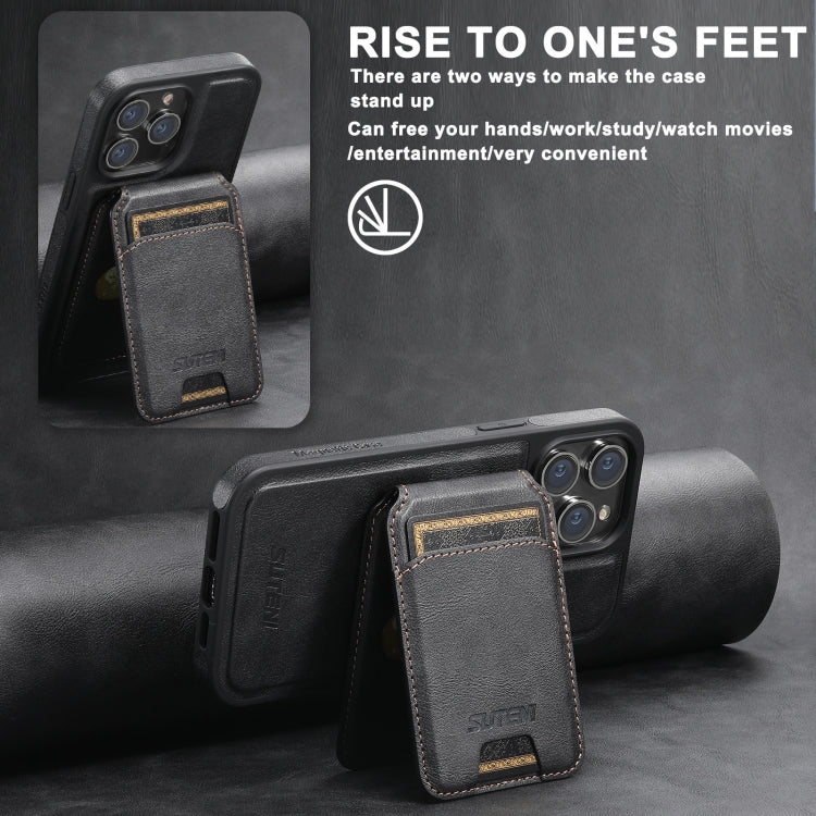 For iPhone 12 Pro Max Suteni M2 Oil Wax MagSafe Horizontal Card Bag Phone Case(Black)