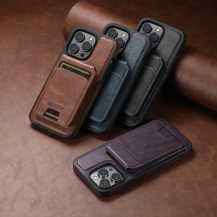 For iPhone 12  Suteni M2 Oil Wax MagSafe Horizontal Card Bag Phone Case(Black)