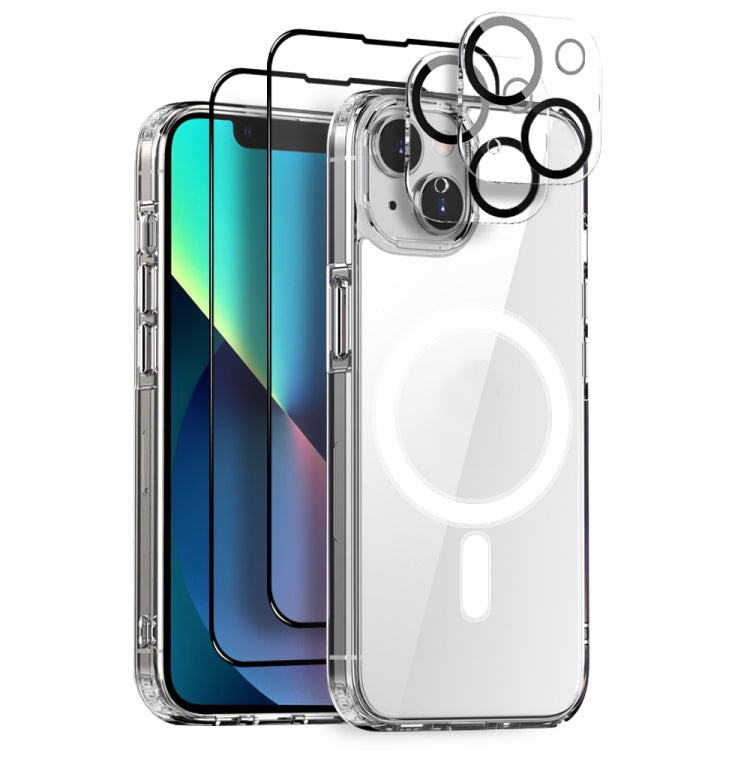 For iPhone 13 NORTHJO 5 in 1 Magsafe Clear Phone Case with 2pcs Screen Film + 2pcs Rear Lens Film