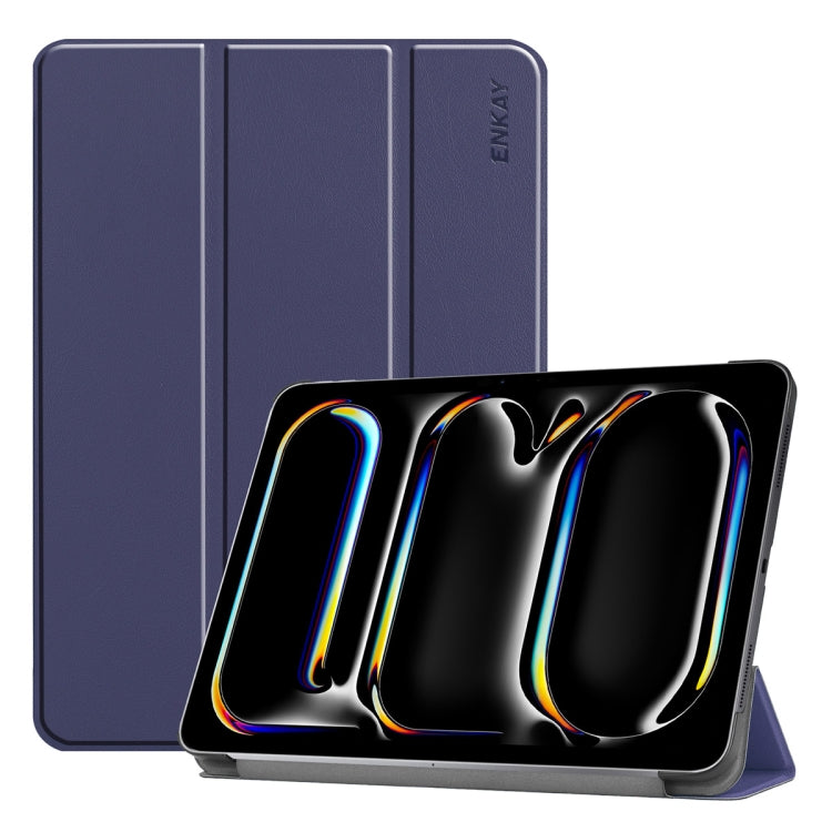 For iPad Pro 11 2025 / 2024 ENKAY Tri-fold Custer Texture Platic Leather Smart Tablet Case(Dark Blue)