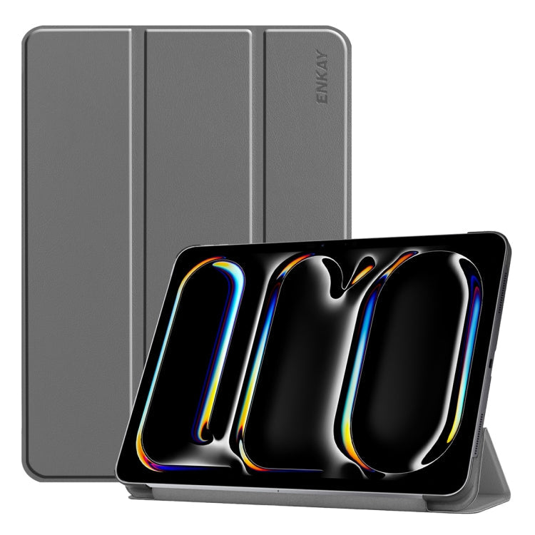 For iPad Pro 11 2025 / 2024 ENKAY Tri-fold Custer Texture Platic Leather Smart Tablet Case(Grey)