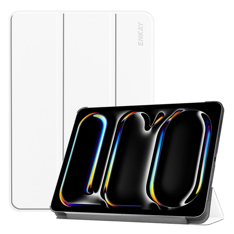 For iPad Pro 11 2025 / 2024 ENKAY Tri-fold Custer Texture Platic Leather Smart Tablet Case(White)