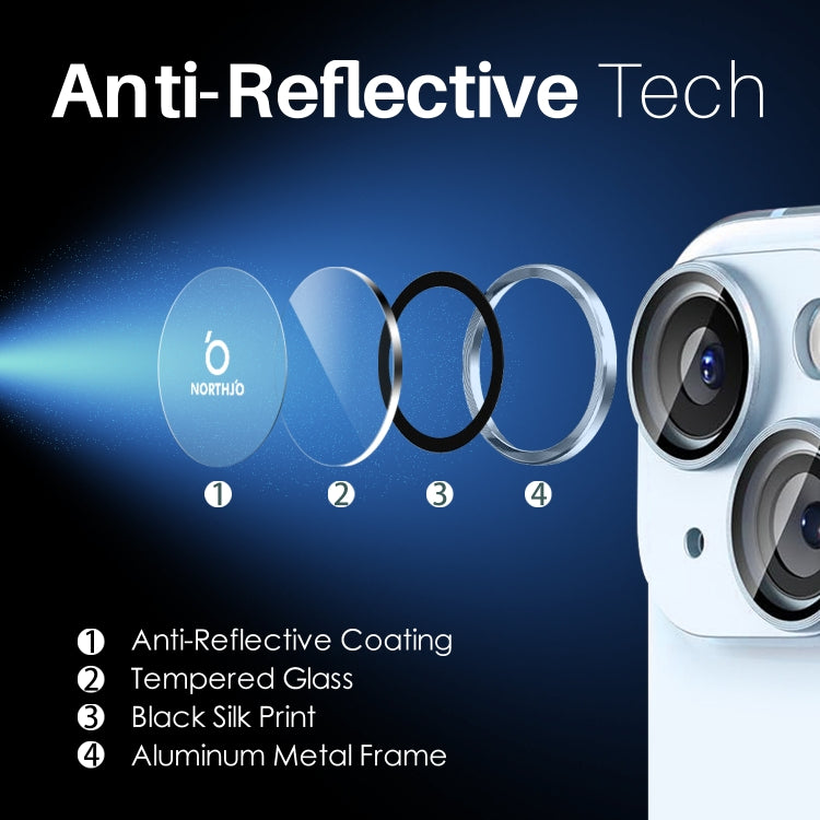 For iPhone 15 / 15 Plus / 14 / 14 Plus NORTHJO 3 Set 6pcs Camera Lens Protector Cover Metal Ring Film(Blue)