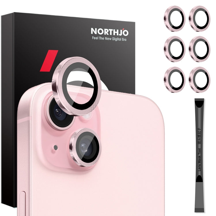 For iPhone 15 / 15 Plus / 14 / 14 Plus NORTHJO 3 Set 6pcs Camera Lens Protector Cover Metal Ring Film(Pink)