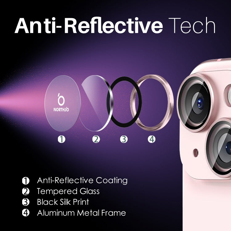 For iPhone 15 / 15 Plus / 14 / 14 Plus NORTHJO 3 Set 6pcs Camera Lens Protector Cover Metal Ring Film(Pink)