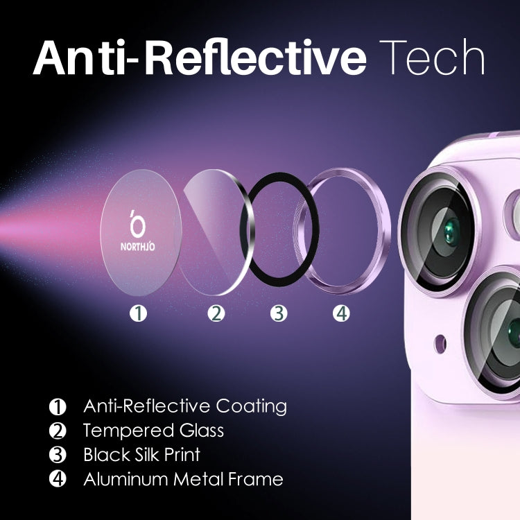For iPhone 15 / 15 Plus / 14 / 14 Plus NORTHJO 3 Set 6pcs Camera Lens Protector Cover Metal Ring Film(Purple)