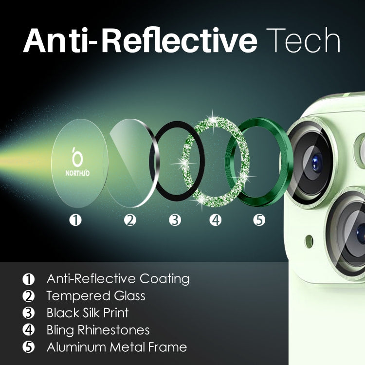 For iPhone 15 / 15 Plus / 14 / 14 Plus NORTHJO 3 Set 6pcs Camera Lens Protector Glitter Metal Ring Film(Green)