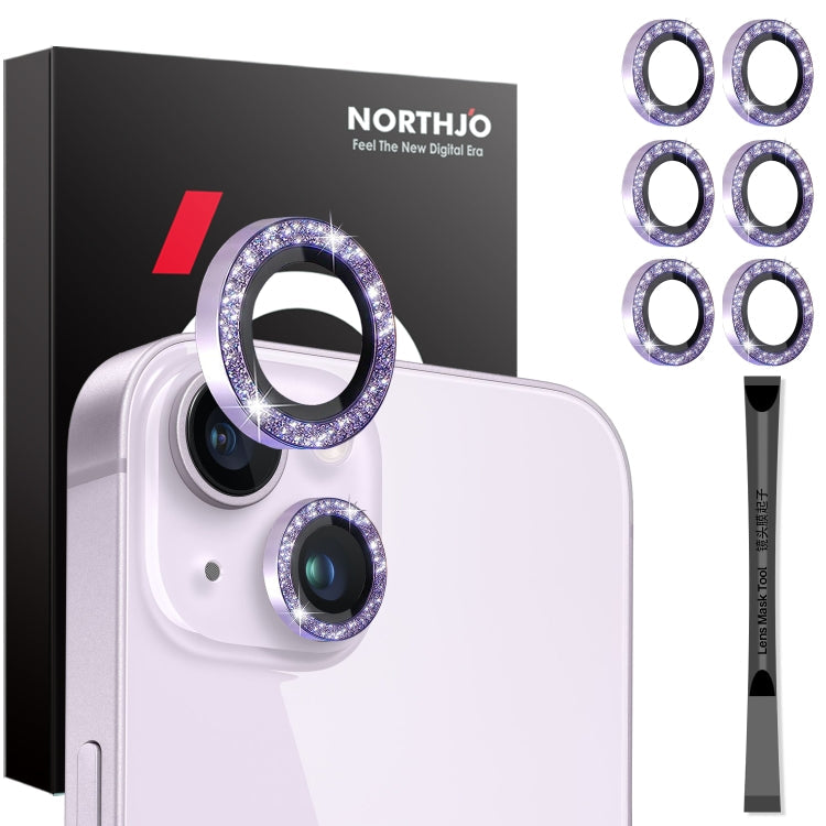 For iPhone 15 / 15 Plus / 14 / 14 Plus NORTHJO 3 Set 6pcs Camera Lens Protector Glitter Metal Ring Film(Purple)