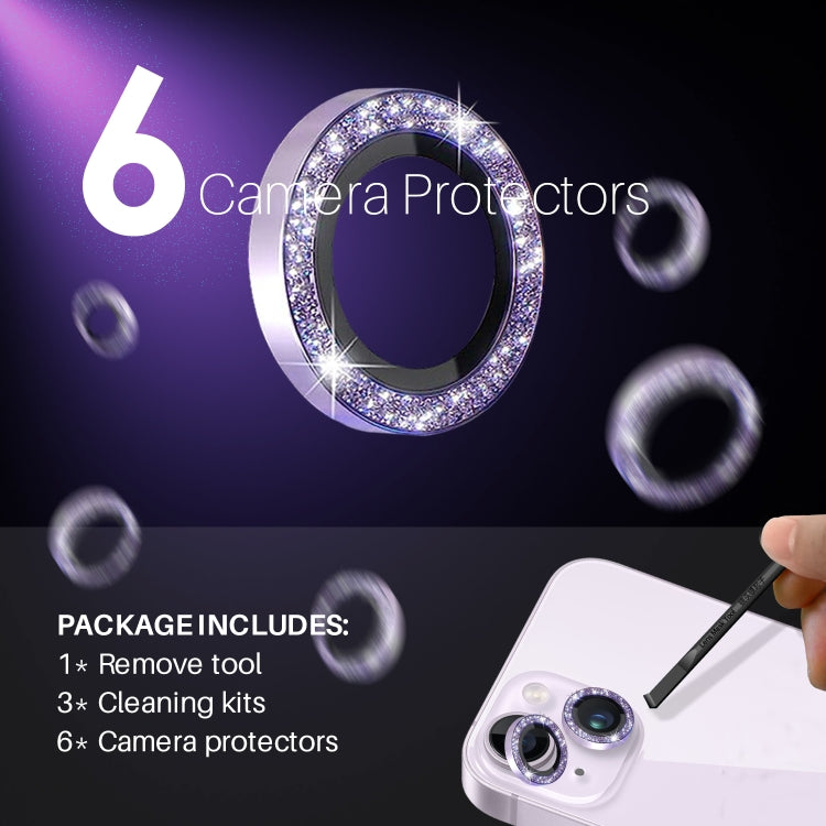 For iPhone 15 / 15 Plus / 14 / 14 Plus NORTHJO 3 Set 6pcs Camera Lens Protector Glitter Metal Ring Film(Purple)