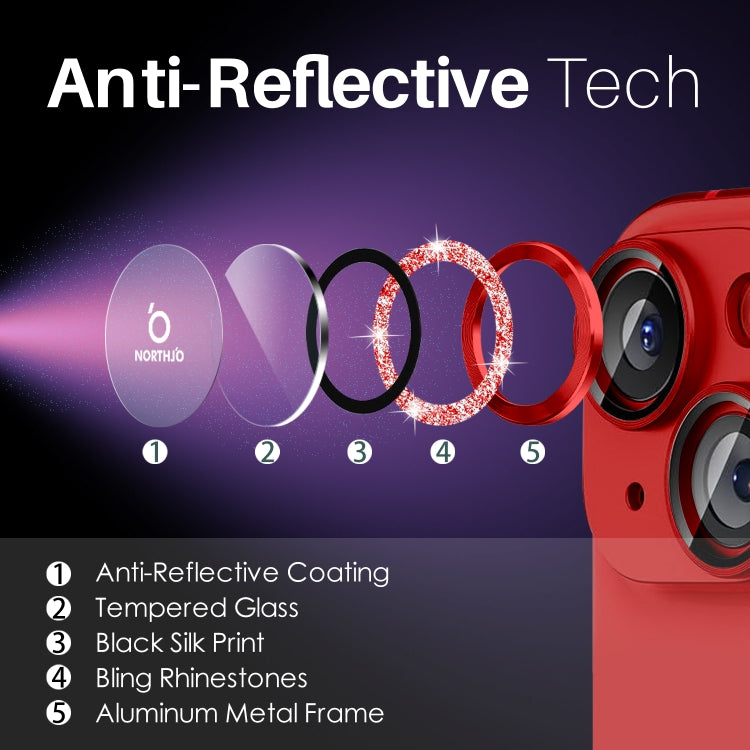 For iPhone 15 / 15 Plus / 14 / 14 Plus NORTHJO 3 Set 6pcs Camera Lens Protector Glitter Metal Ring Film(Red)