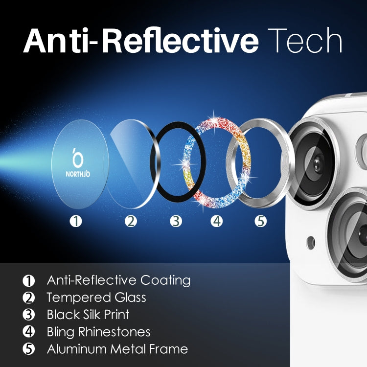 For iPhone 15 / 15 Plus / 14 / 14 Plus NORTHJO 3 Set 6pcs Camera Lens Protector Glitter Metal Ring Film(Colorful)