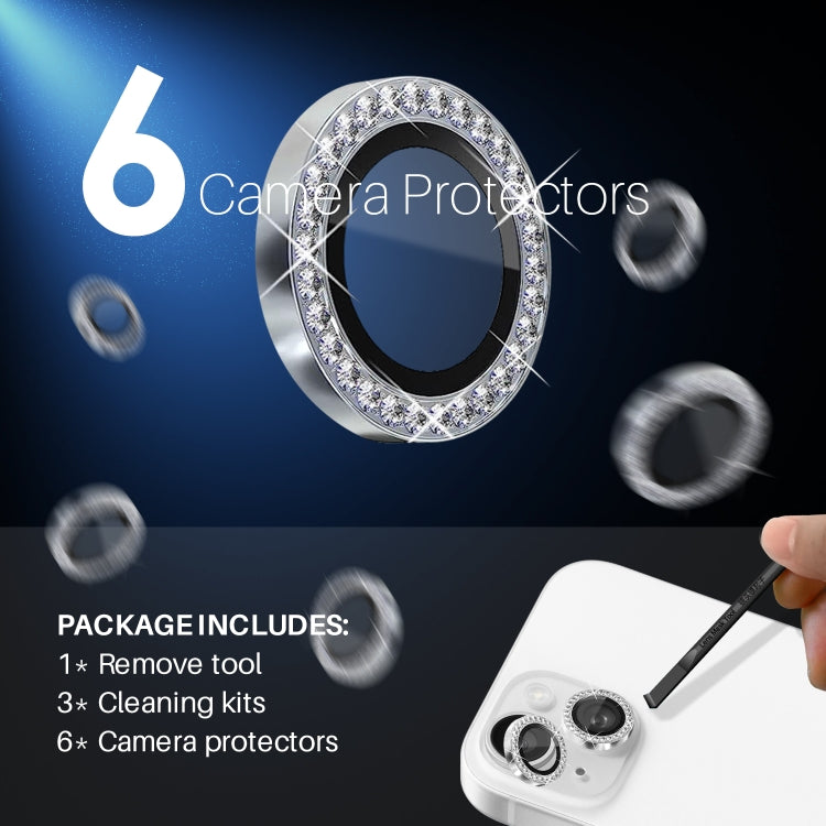 For iPhone 15 / 15 Plus / 14 / 14 Plus NORTHJO 3 Set 6Pcs Camera Lens Protector Diamond Metal Ring Film(Silver)