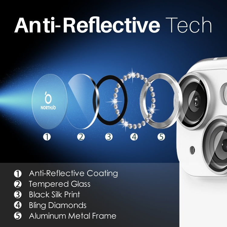 For iPhone 15 / 15 Plus / 14 / 14 Plus NORTHJO 3 Set 6Pcs Camera Lens Protector Diamond Metal Ring Film(Silver)